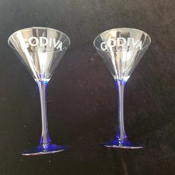 2 GODIVA Liqueur Clear Etched Martini Glasses w/Cobalt Blue Stem Luminarc France - Picture 2 of 5